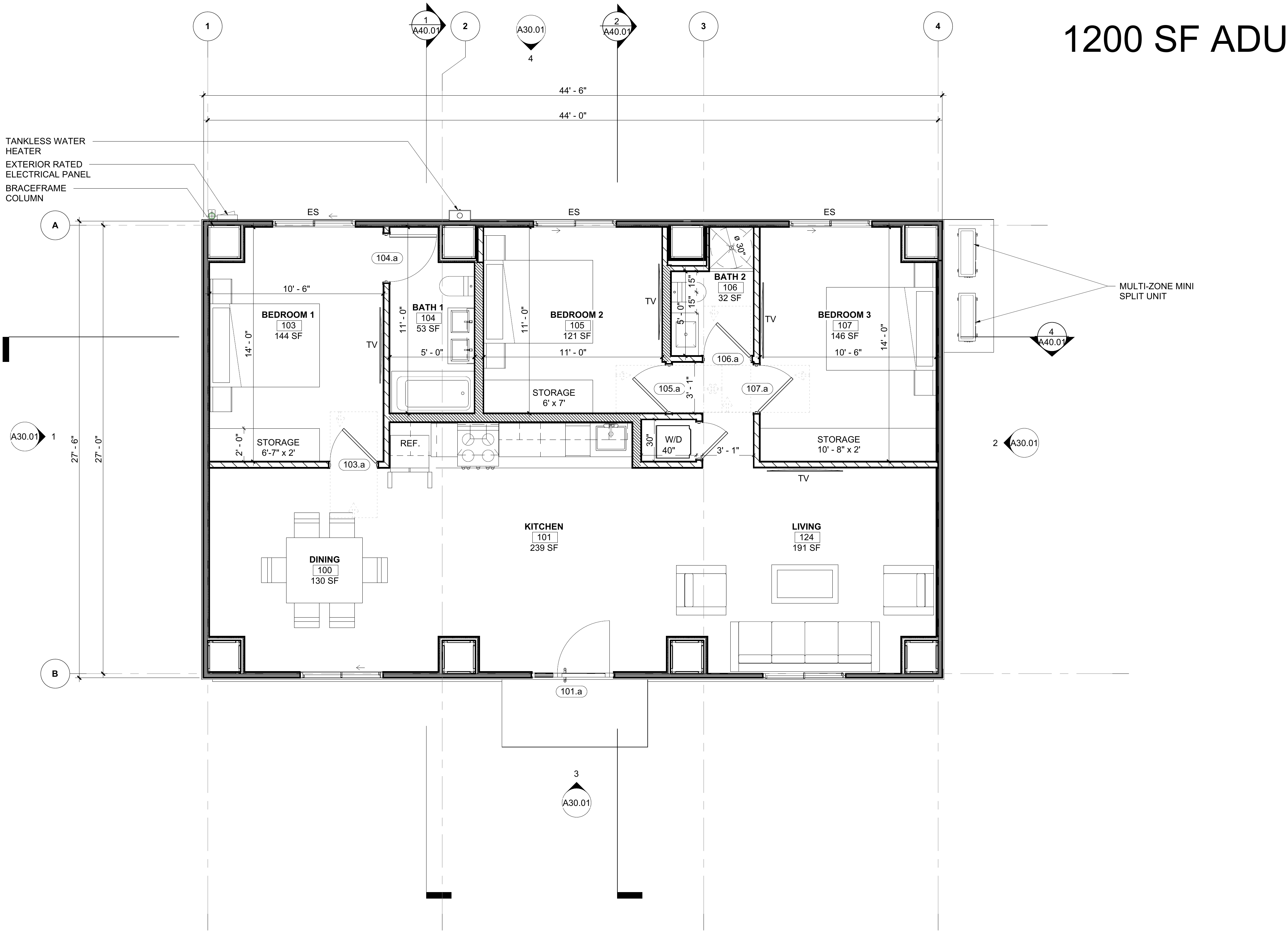 Karlev 1200 SQFT floor plan, one bedroom, one bath, open kitchen and living