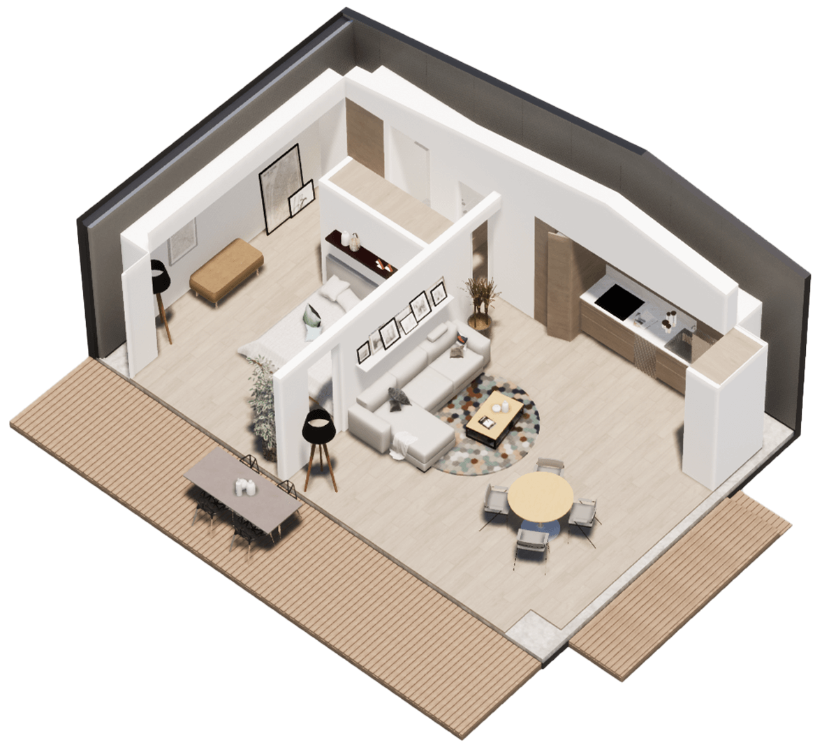 Living, dining,
kitchen, together.