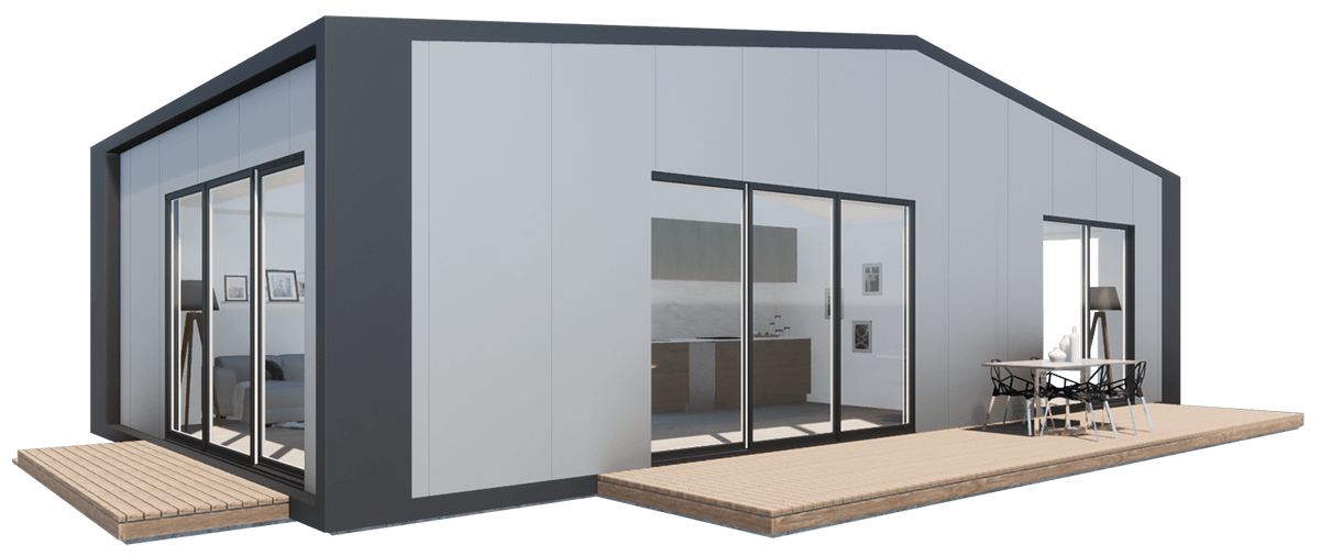 Karlev 800 SQFT back elevation with charcoal trim and dual decks