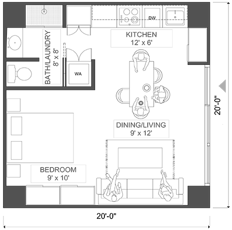 Karlev A42 floor plan, 20 by 20 1-bedroom with kitchen, bath/laundry, and open living