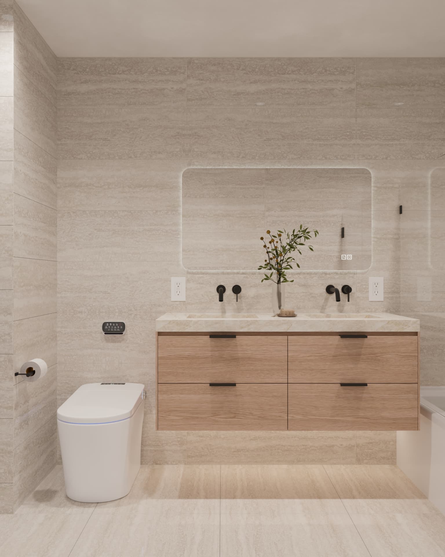 Double vanity in travertine.
