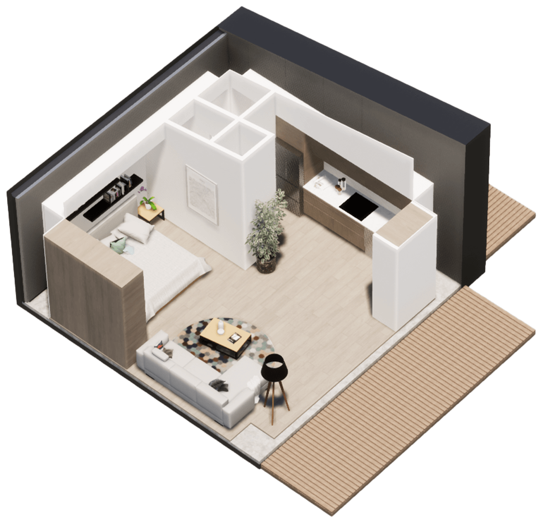 Bedroom, living, kitchen, 
all in one flow.