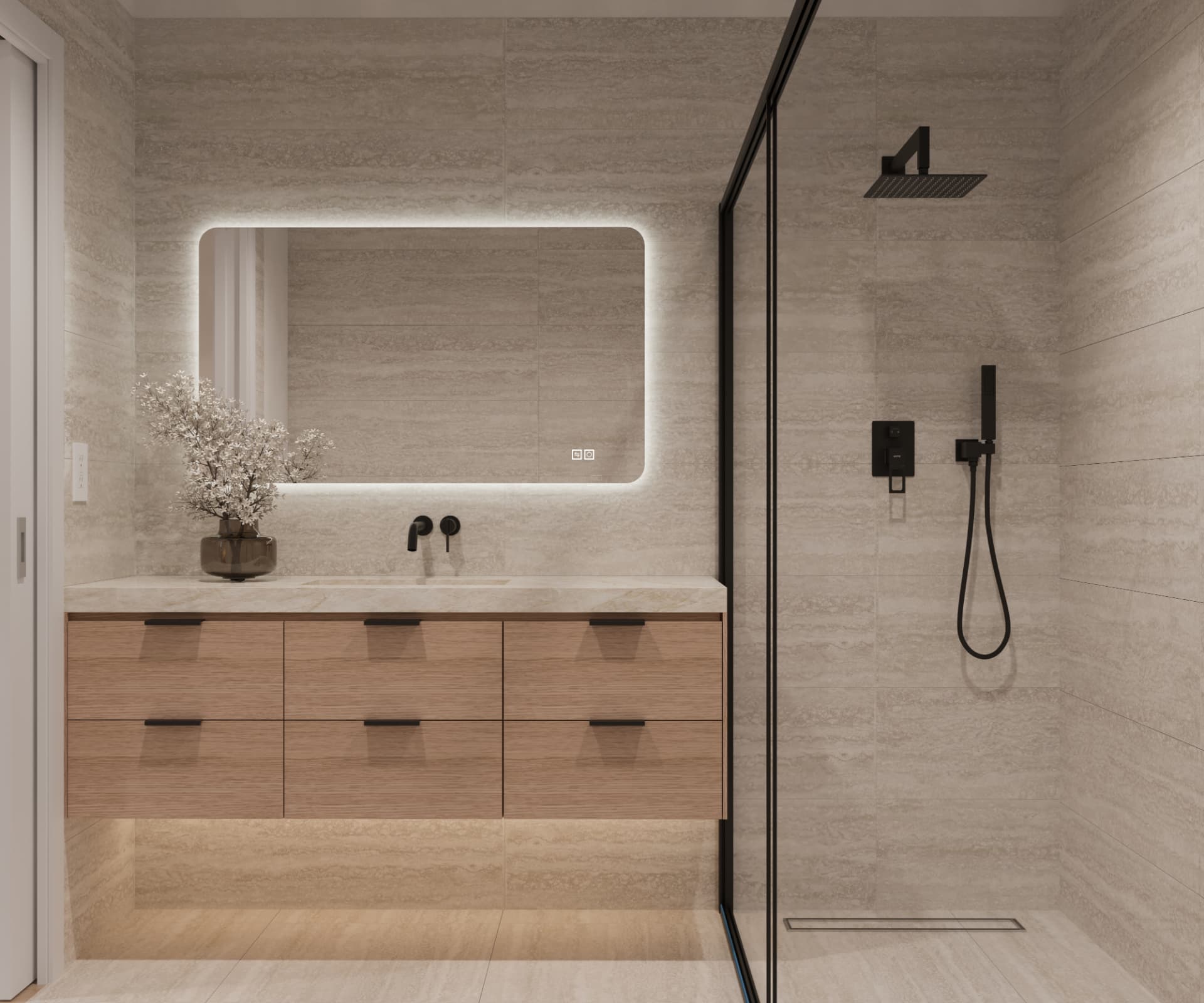 Travertine, oak and black.