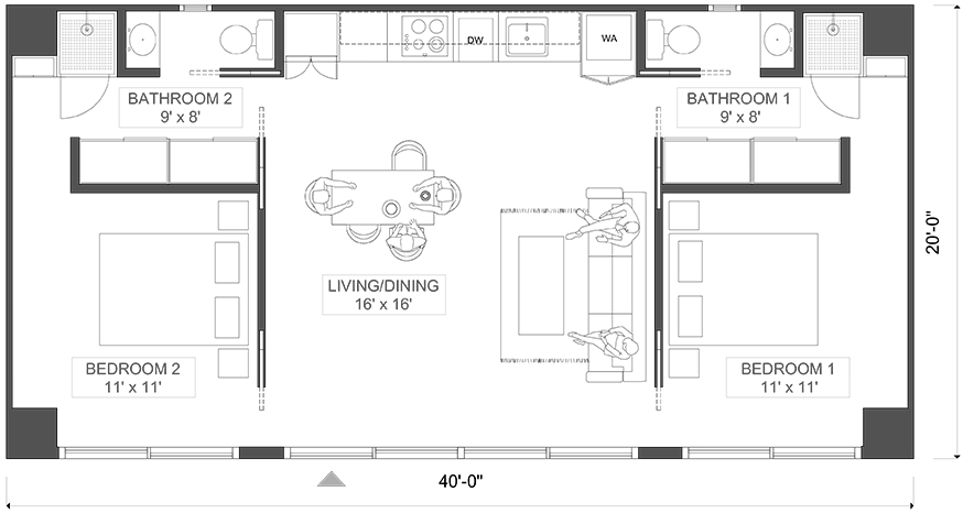 Karlev A82 floor plan, 40 by 20 2-bedroom, two-bath ADU with 16 by 16 living and dining