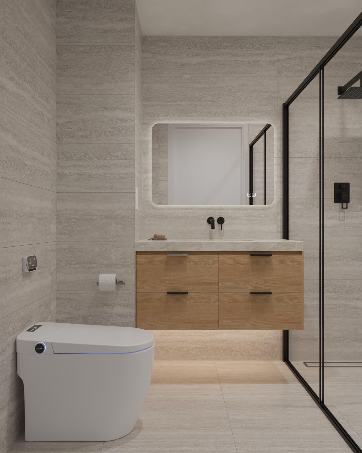 Travertine and warm oak.