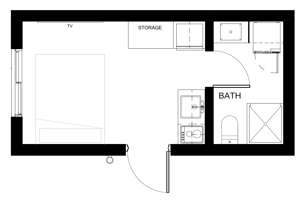 Karlev 200 SQFT floor plan with bathroom, kitchenette and living area