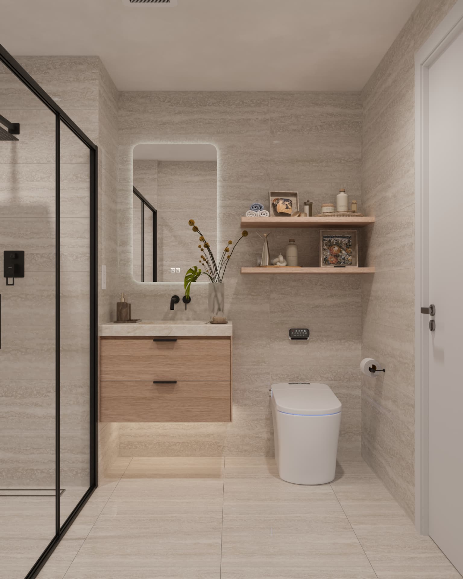 Travertine, oak and black.
