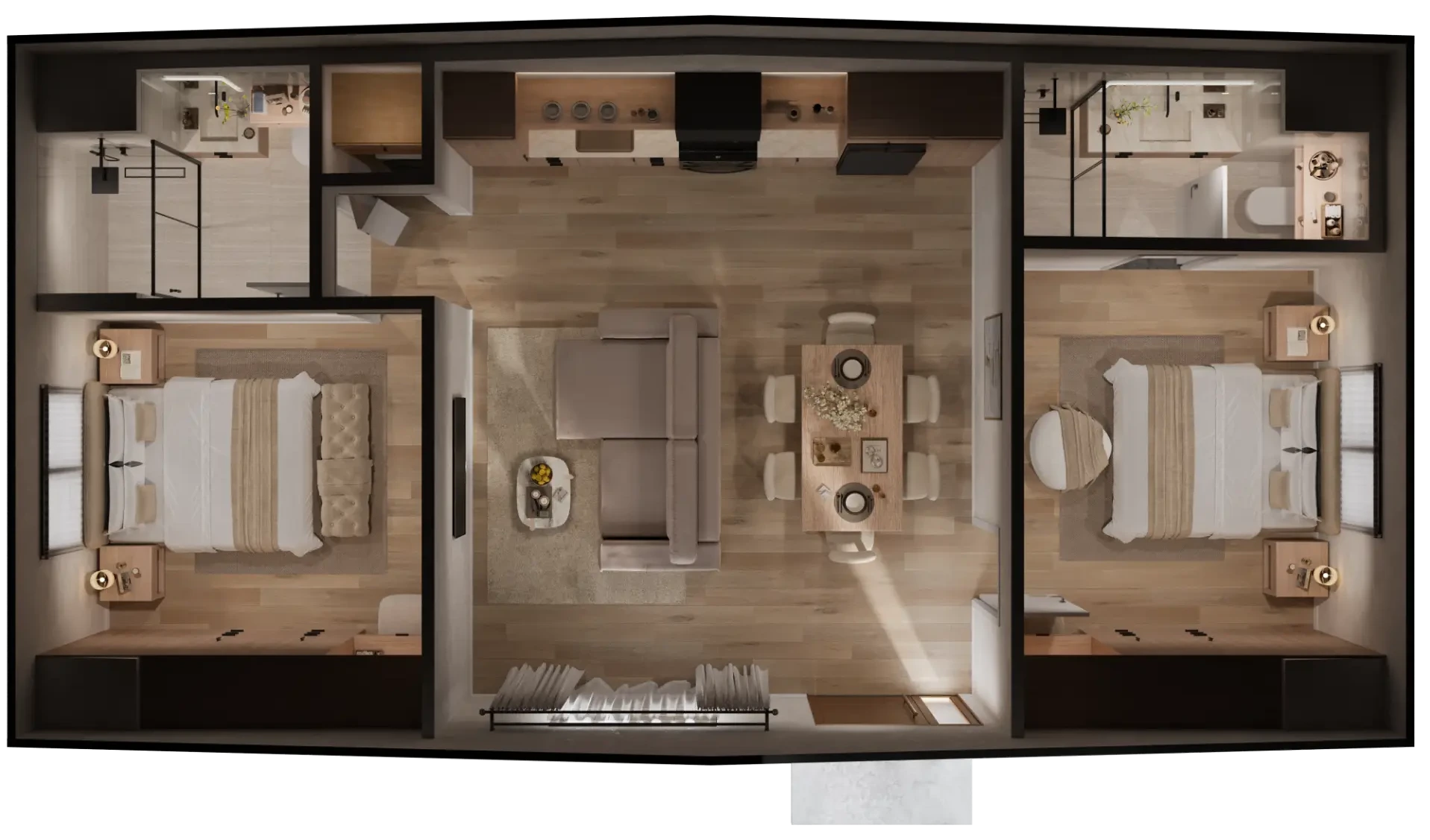 Karlev 800 SQFT furnished top down floor plan render