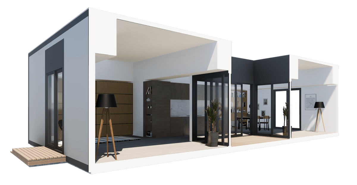 Karlev A91 cutaway, courtyard opening between the two wings with kitchen and dining beyond