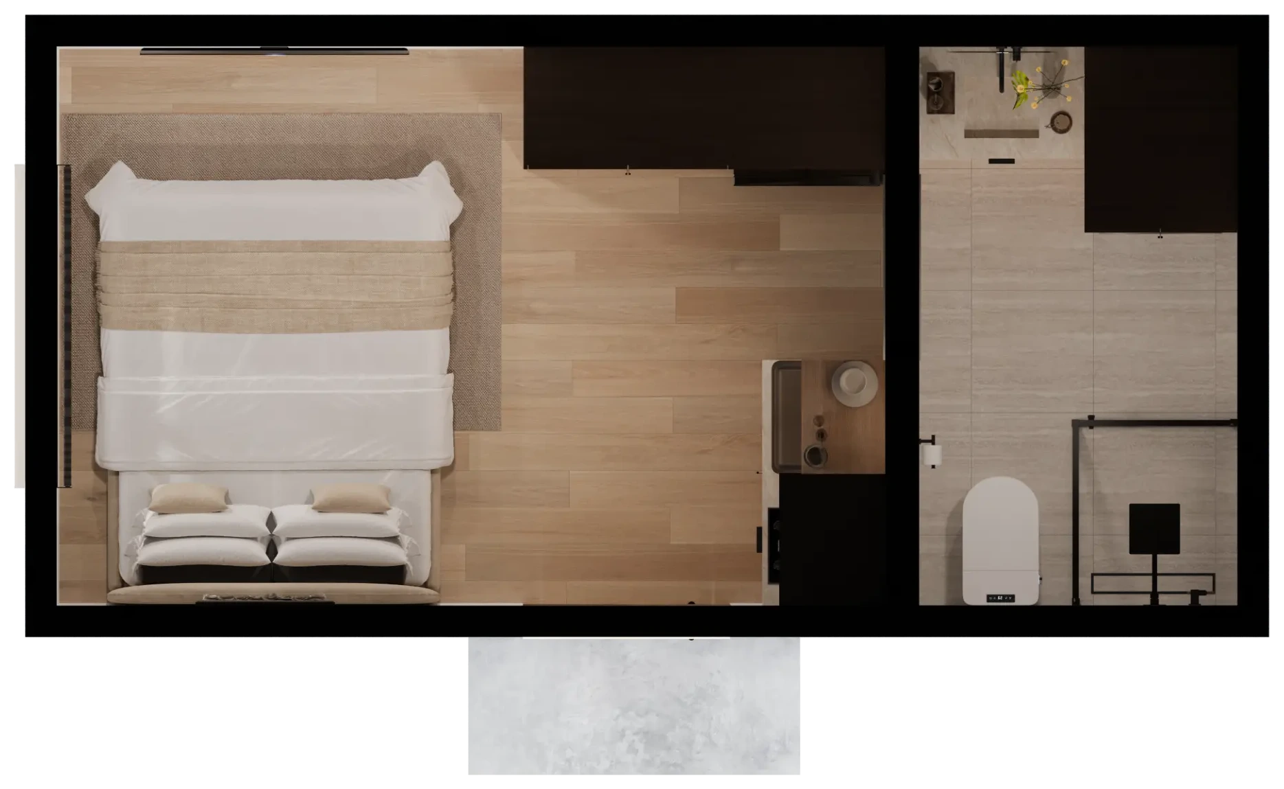 Karlev 200 SQFT furnished top down floor plan render