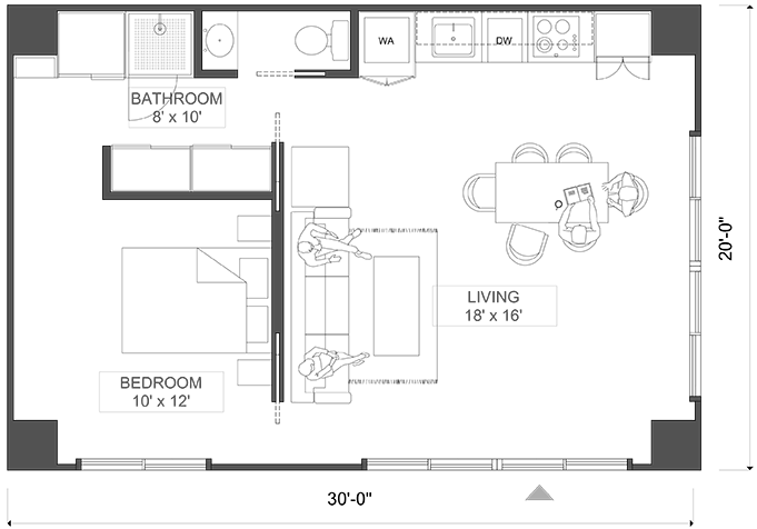 Karlev A61 floor plan, 30 by 20 1-bedroom with 18 by 16 living, kitchen, and full bath