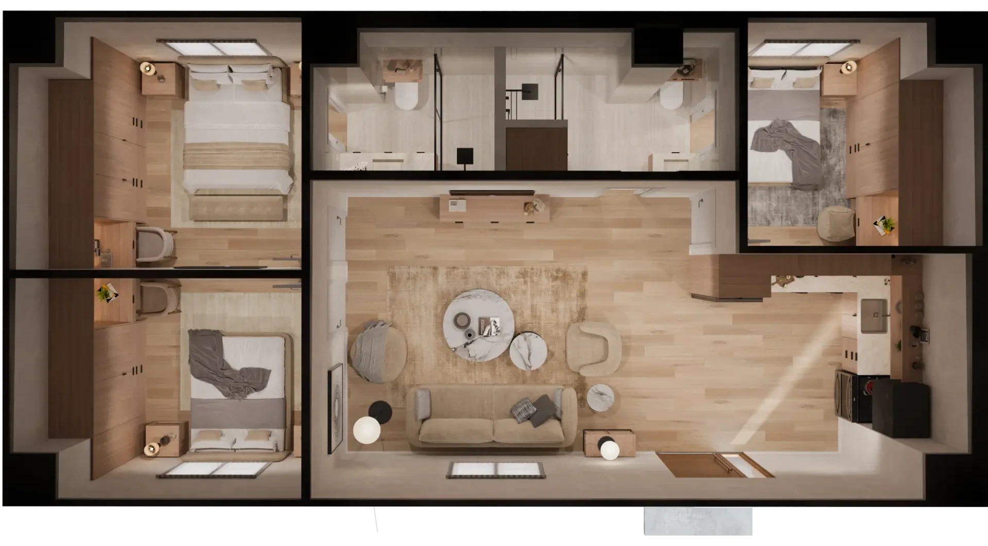 Karlev 960 SQFT furnished top down floor plan render