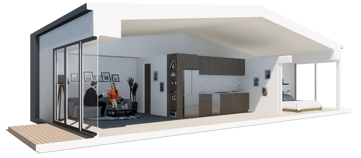 Karlev 800 SQFT sectional cutaway showing living, kitchen, and bedroom volumes with deck
