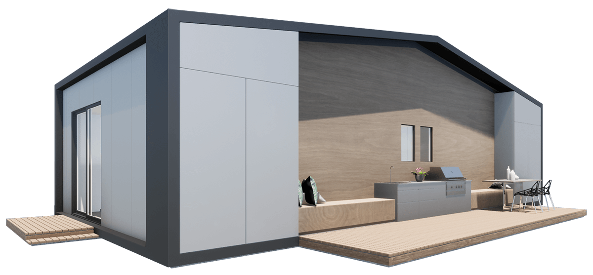 Karlev 800 SQFT front elevation with covered outdoor kitchen and lounge
