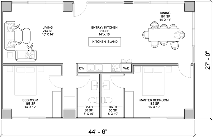 Karlev A12 floor plan, two bedrooms, two baths, open kitchen and living