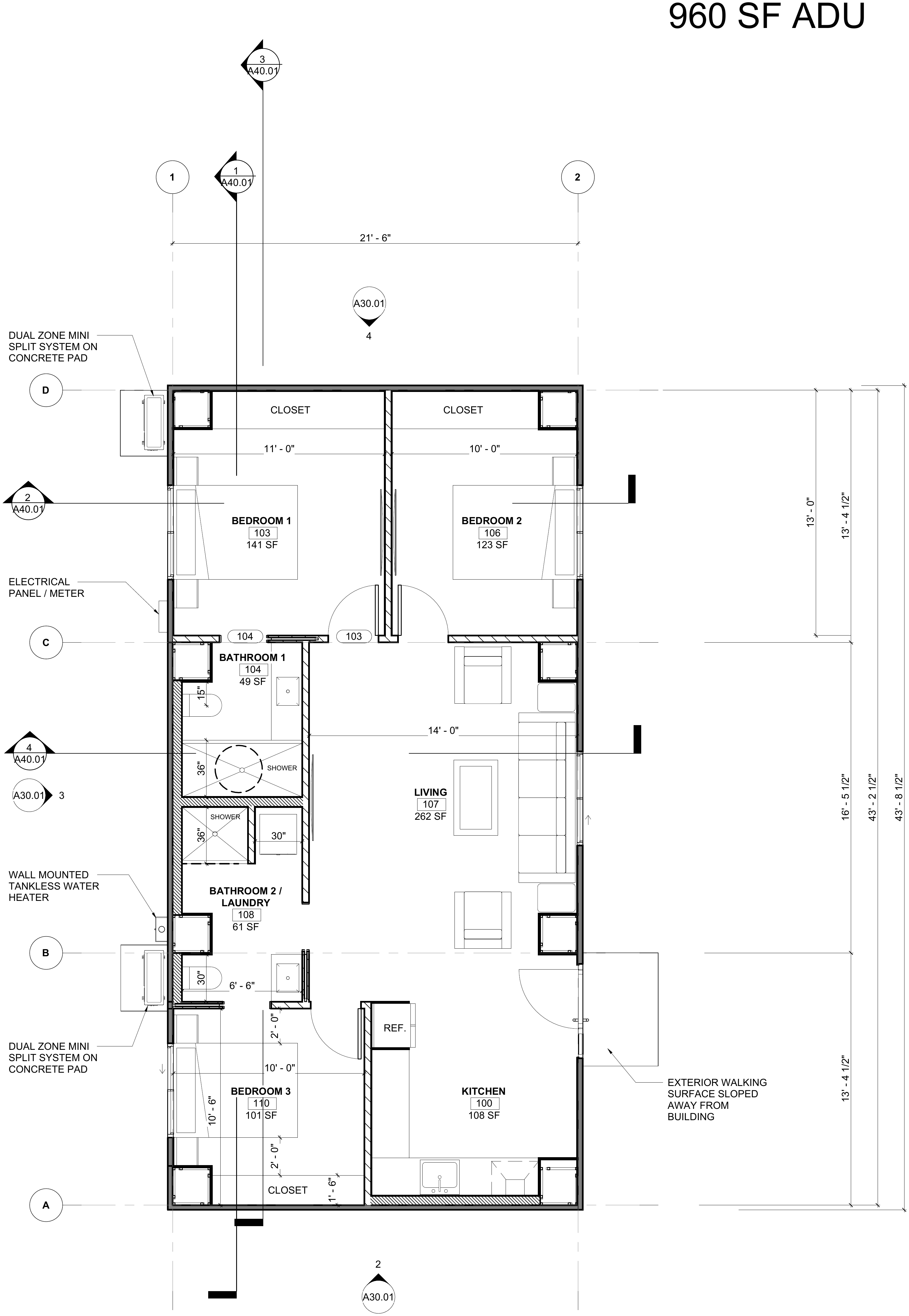 Karlev 960 SQFT floor plan, 43'6 by 22' courtyard ADU with a two-bedroom wing, central kitchen and bath, open-air courtyard, and dining/living wing