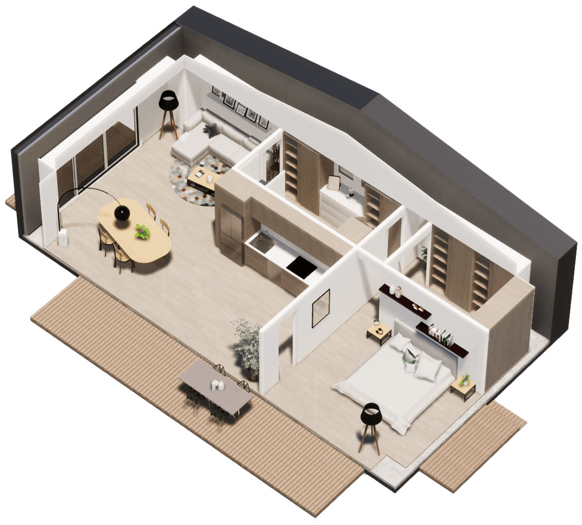 Karlev 800 SQFT isometric view, Interior volumes