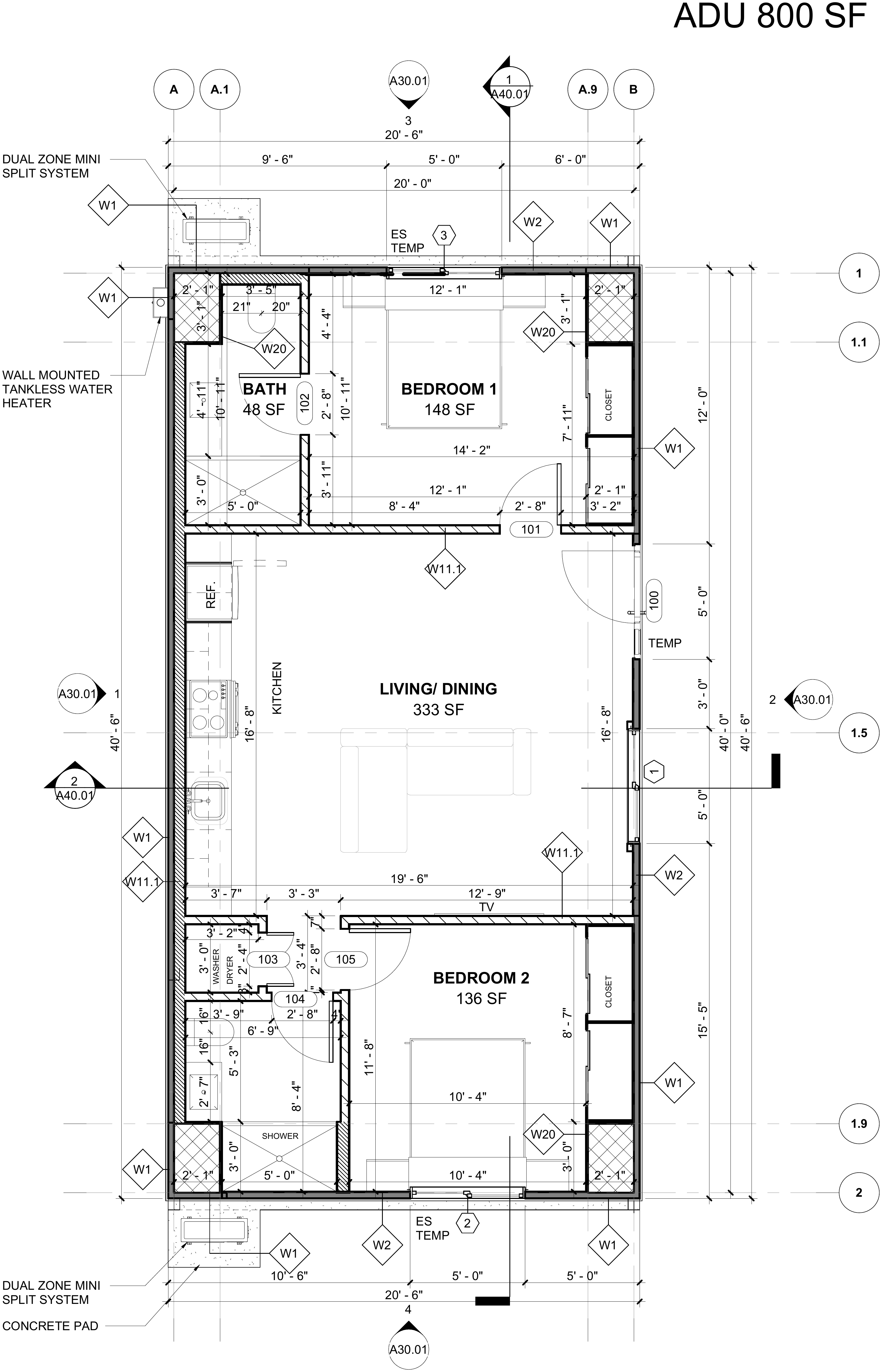 Karlev 800 SQFT floor plan, 40 by 20 1-bedroom ADU with office, full bath, half bath, and 16 by 20 living room