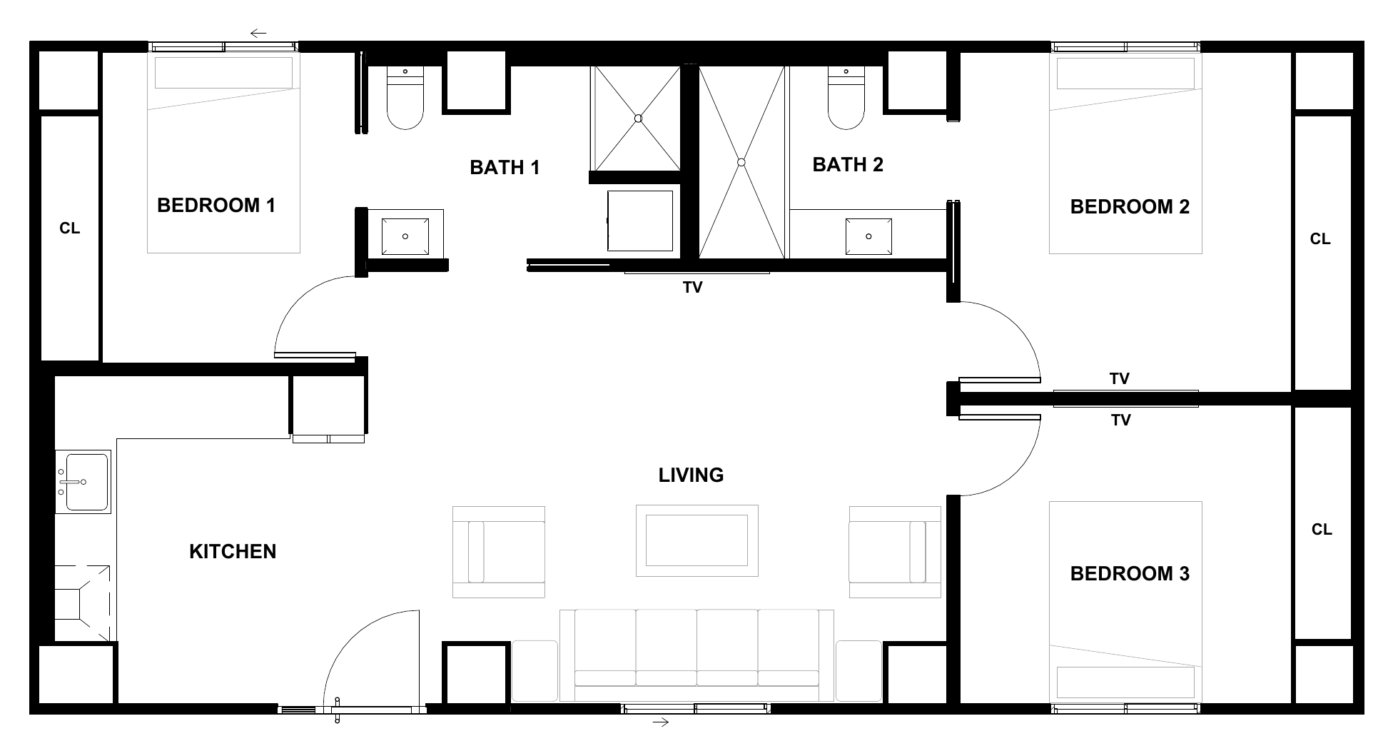 Karlev 960 SQFT floor plan with three bedrooms, two full baths, kitchen, living room, and three closets