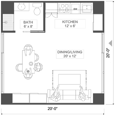 Karlev A41 floor plan, 20 by 20 studio with kitchen, bath, and open living
