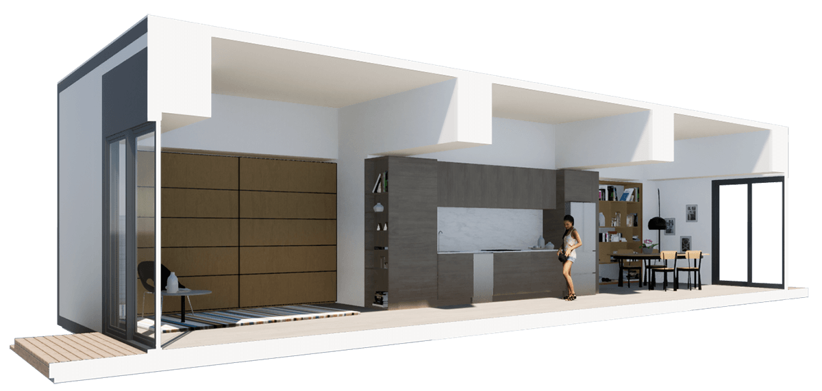 Karlev A91 long section, bedroom, kitchen core, and dining wing end to end