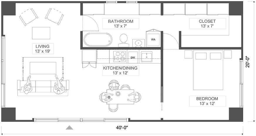 Karlev A81 floor plan, 40 by 20 1-bedroom with 13 by 19 living, kitchen, walk-in closet, and full bath