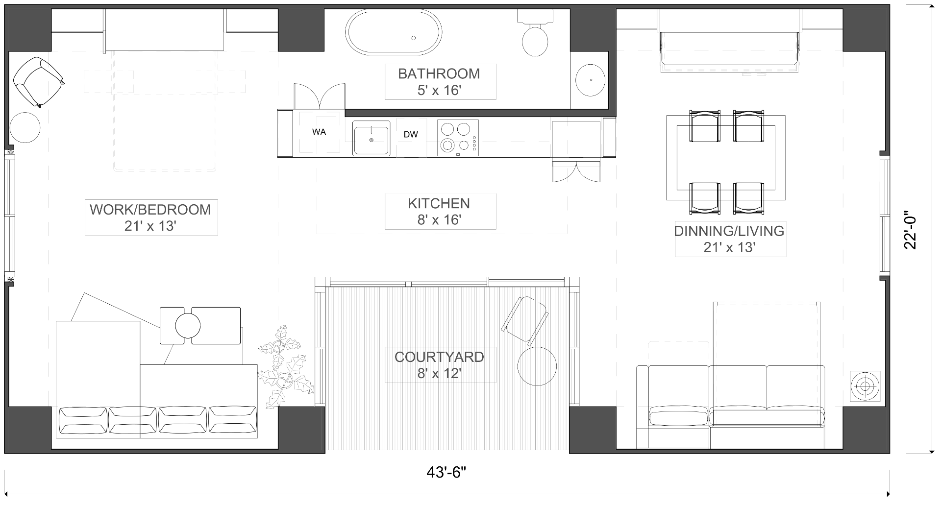 Karlev A91 floor plan, 43'6 by 22' courtyard ADU with a work/bedroom wing, central kitchen and bath, open-air courtyard, and dining/living wing