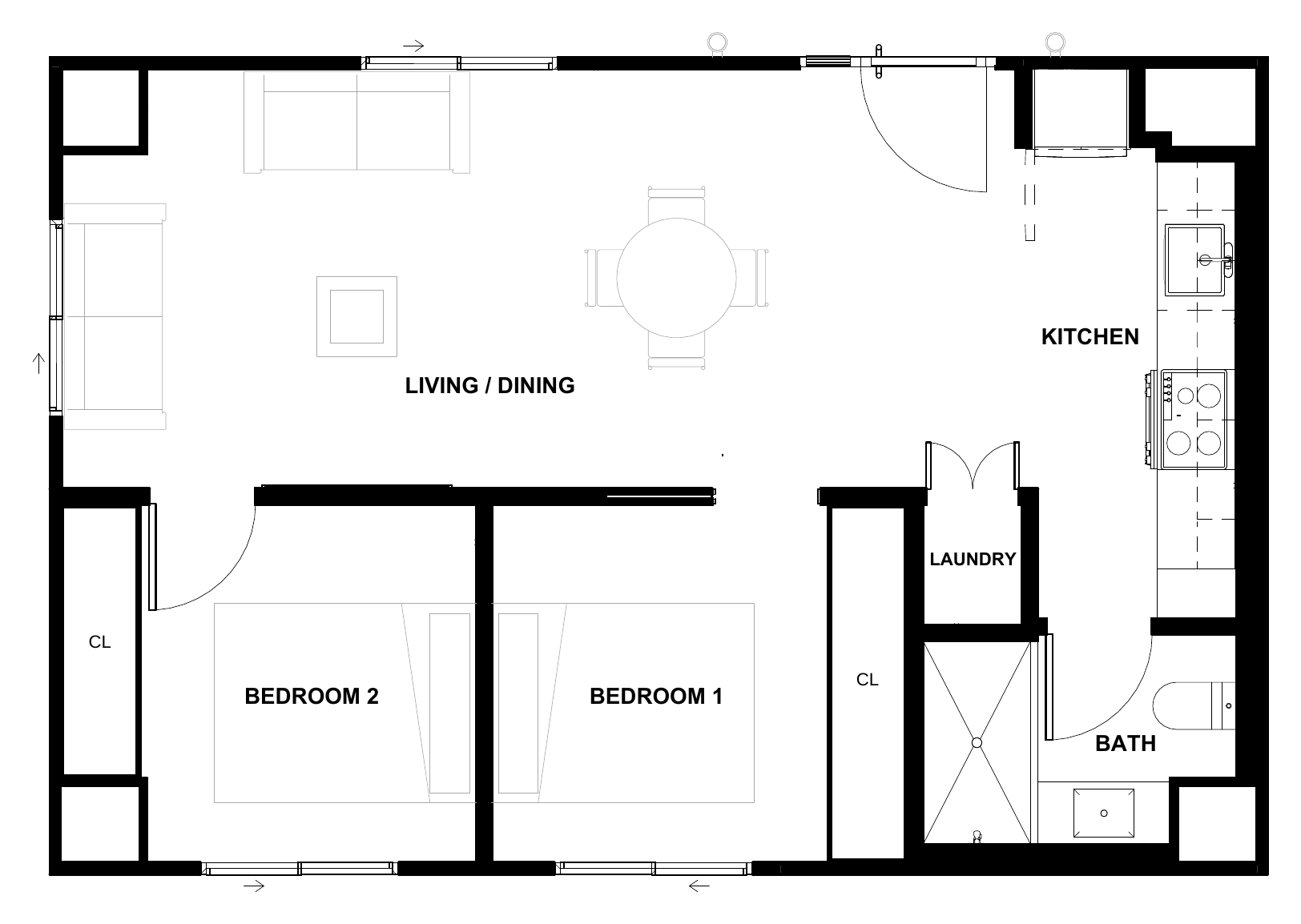 Karlev 600 SQFT floor plan, 20 ft 6 in by 30 ft 6 in 2-bedroom with 23 ft 11 in by 10 ft 7 in living, kitchen, and full bath