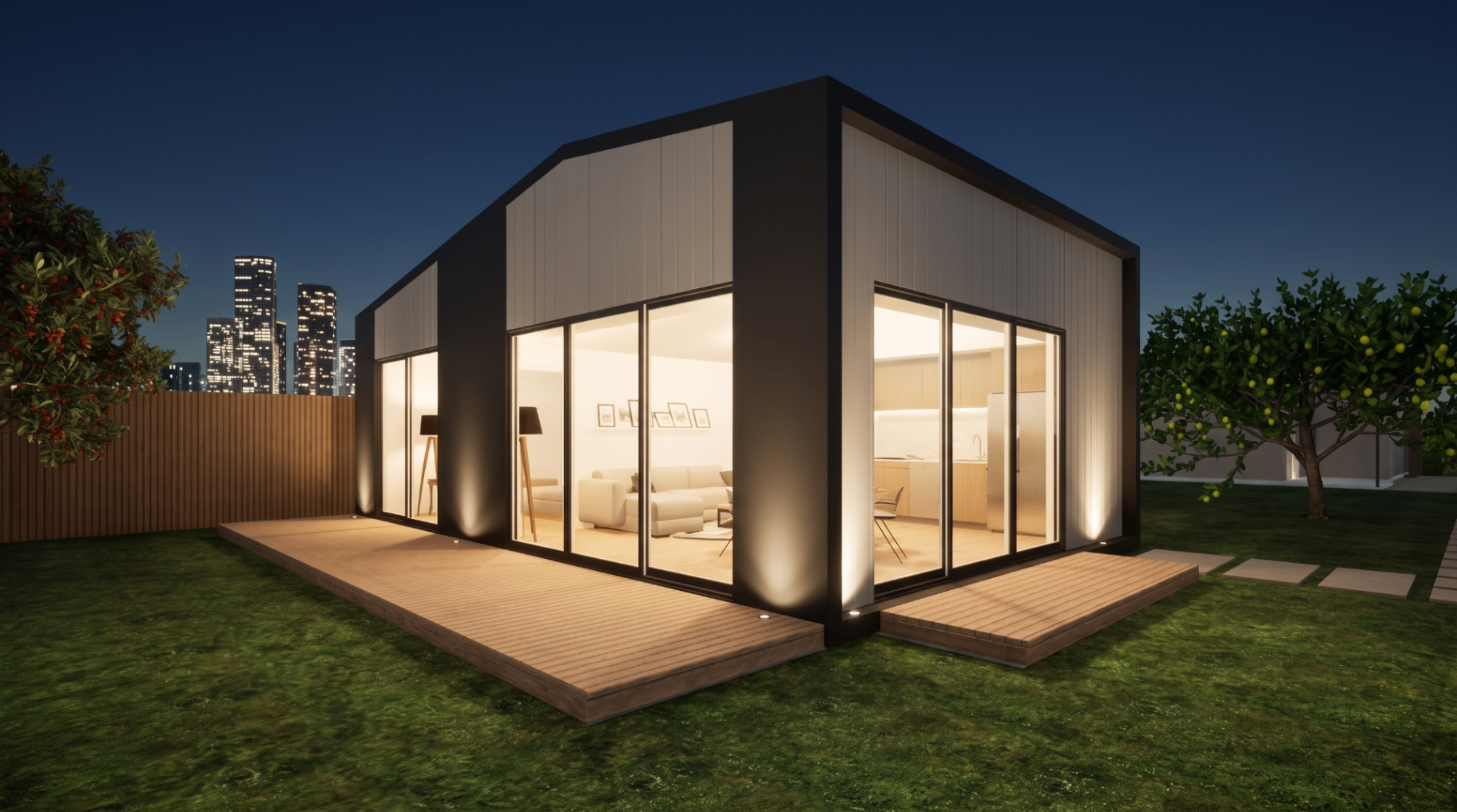 Glowing corners, long deck edges.