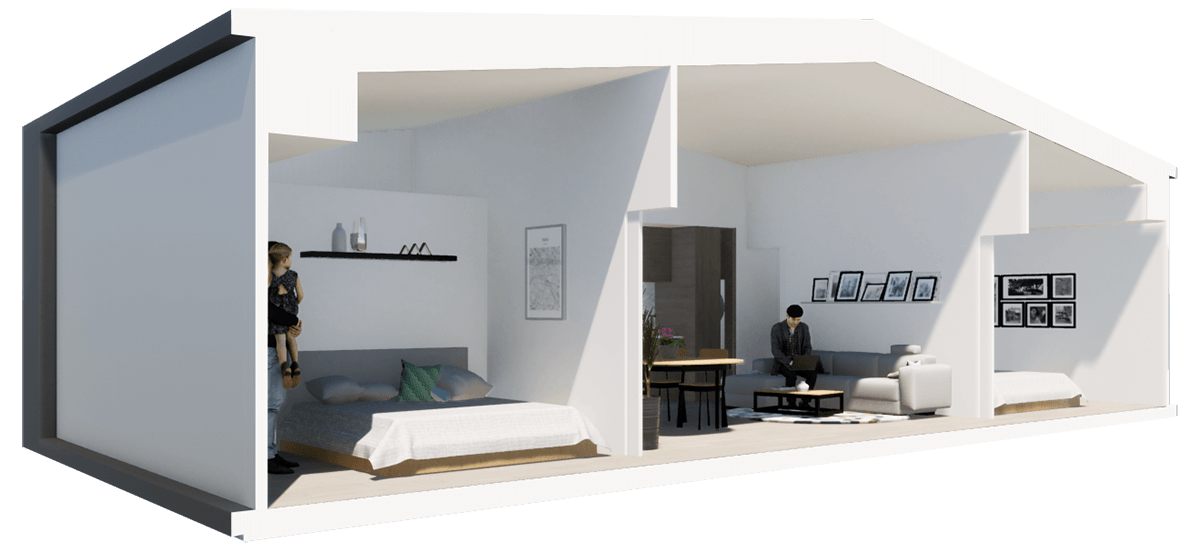 Karlev 800 SQFT sectional cutaway showing both bedrooms and the central living room