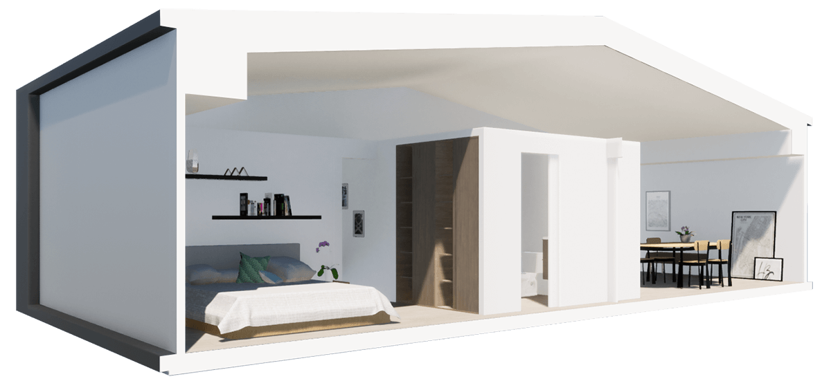 Karlev 800 SQFT sectional cutaway showing the bedroom, bath core, and living room