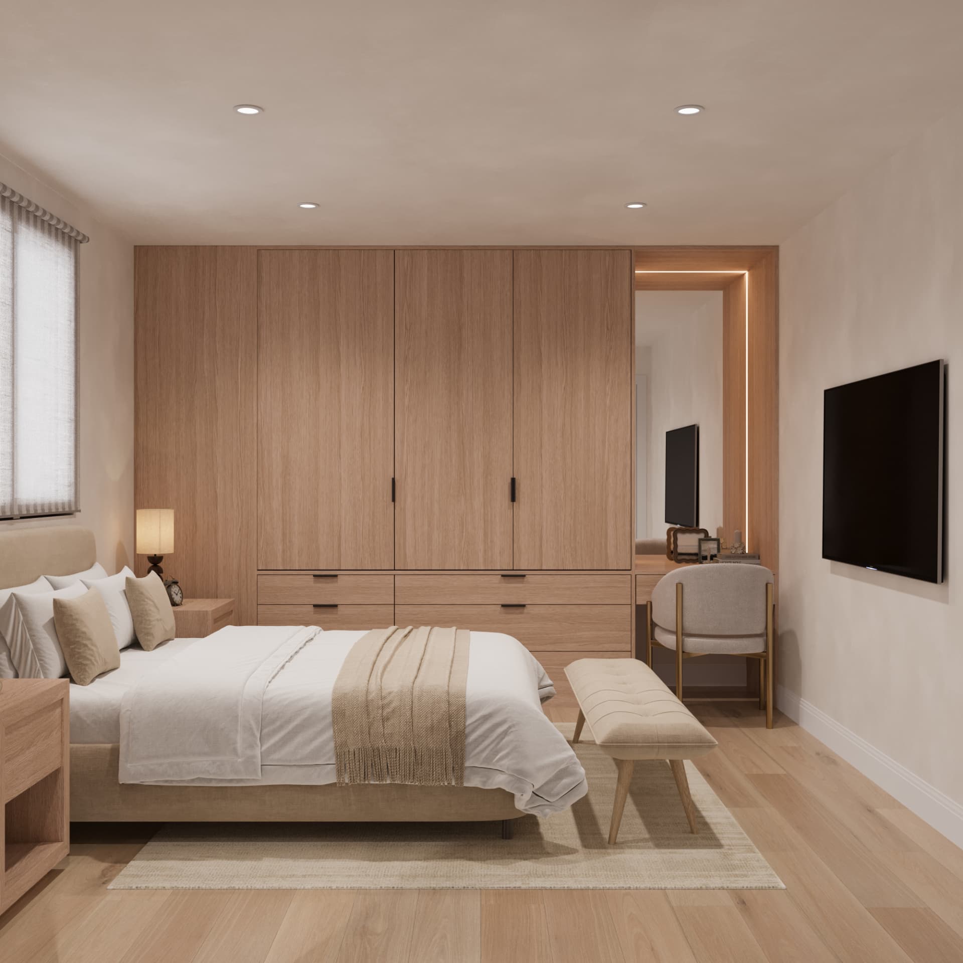 A full wall of oak storage.