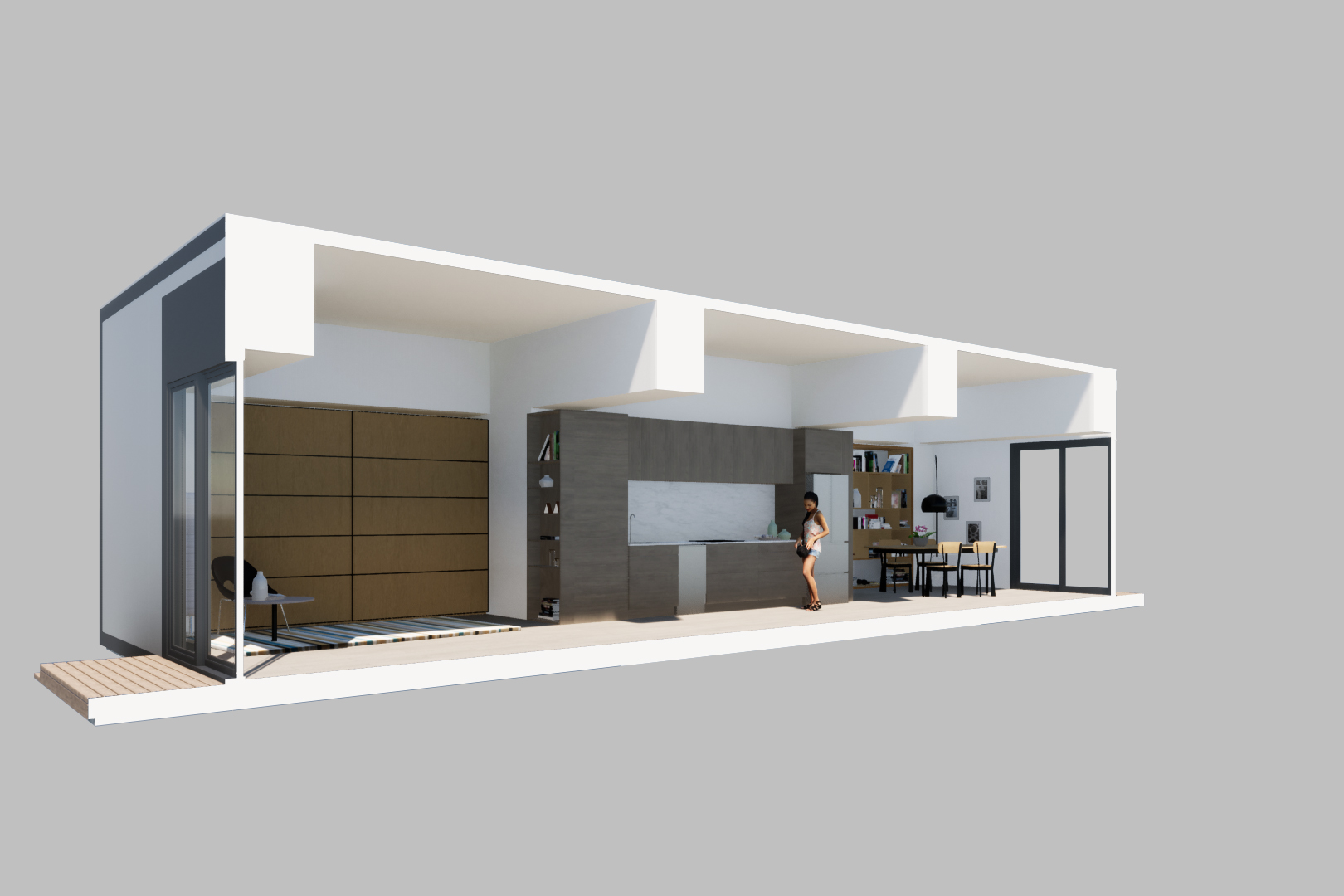 Bedroom, kitchen,
dining, end to end.
