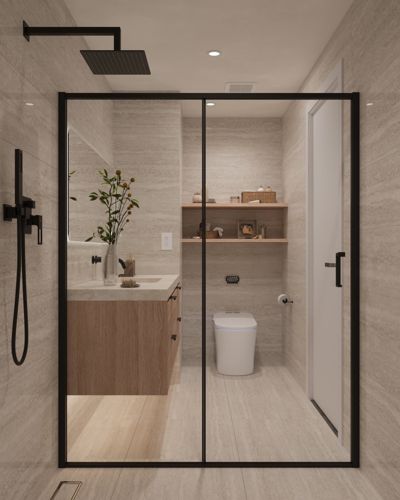A walk in shower, framed in black.