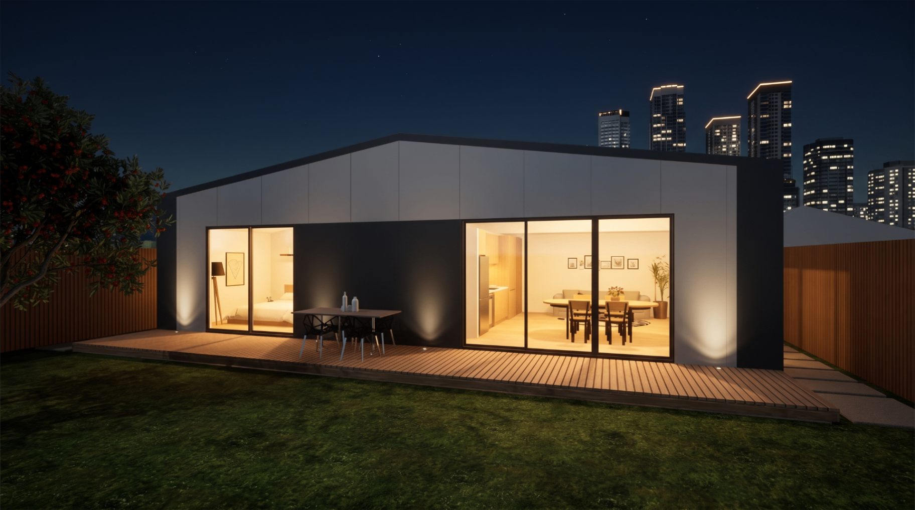 Glowing rooms,
quiet yard.