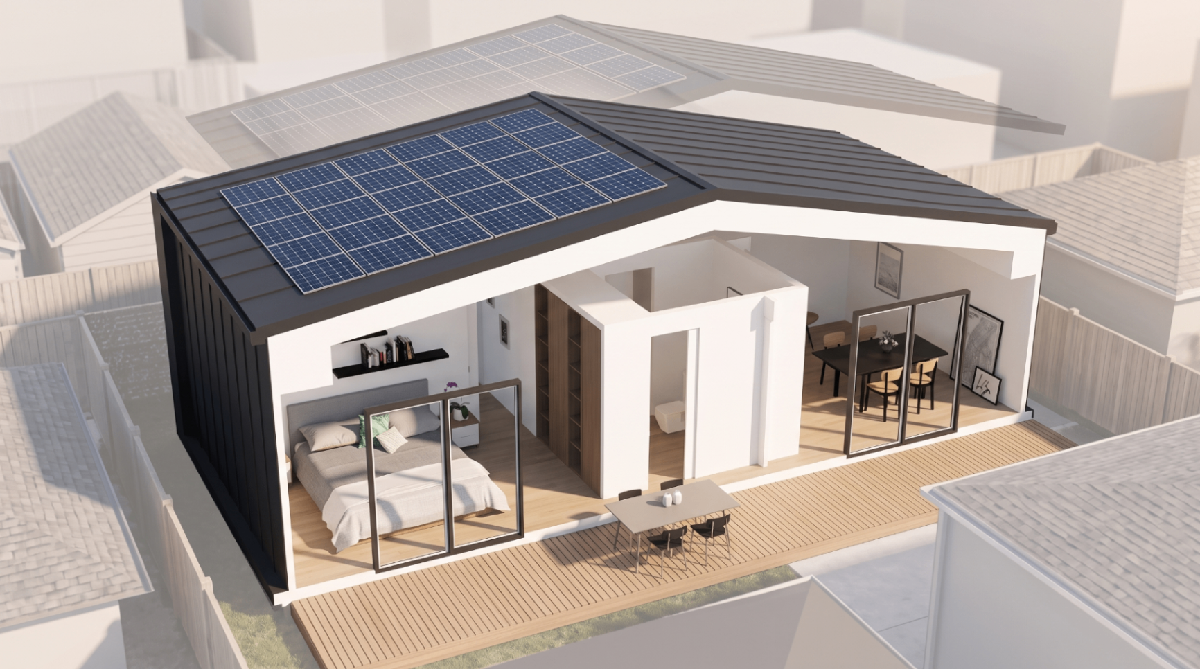 Solar roof,
open plan below.
