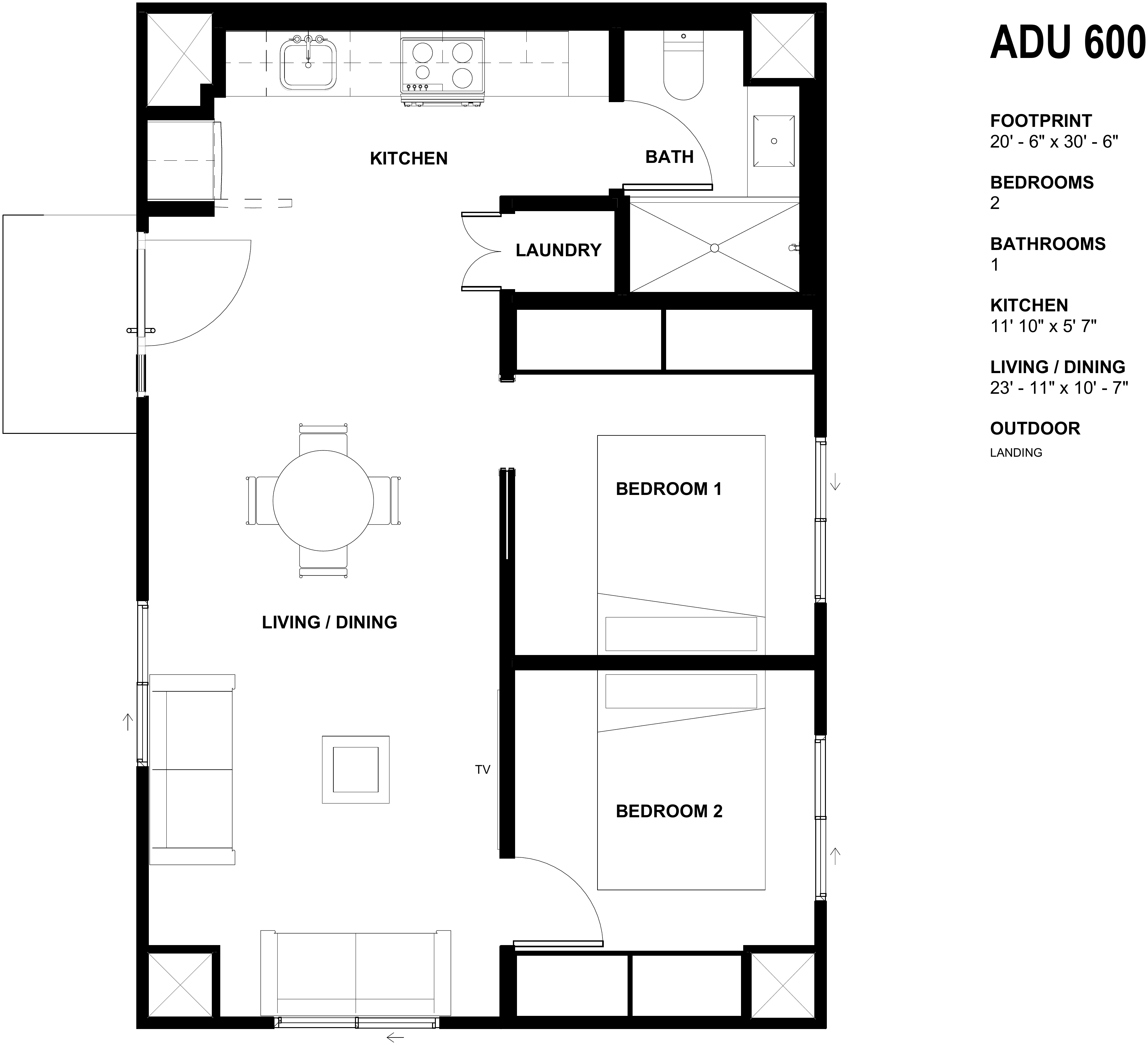 Karlev 600 SQFT floor plan, 30 by 20 2-bedroom with 18 by 16 living, kitchen, and full bath
