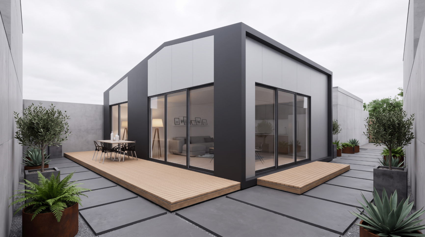 Modern form, softened by landscape.