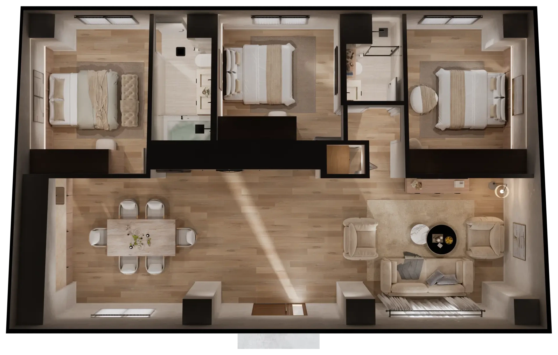 Karlev 1200 SQFT furnished top down floor plan render
