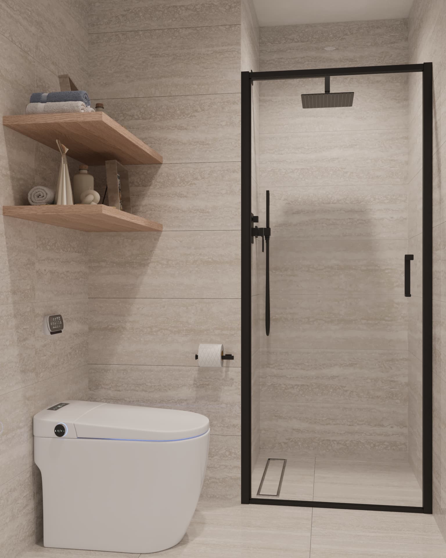 A shower framed in black.