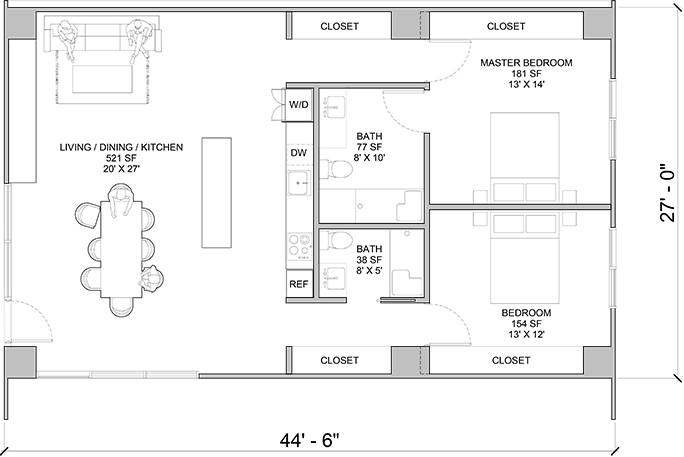 Karlev A13 floor plan, one bedroom, one bath, open kitchen and living