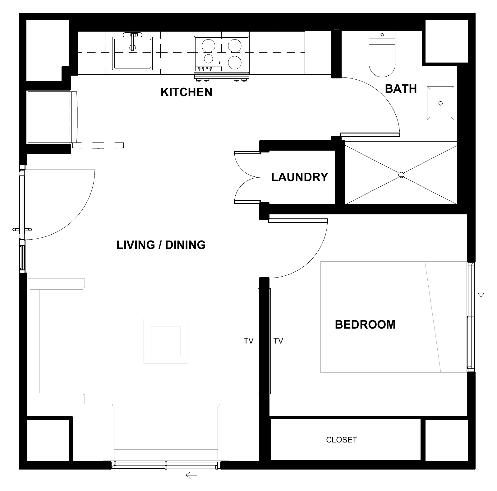 Karlev 400 SQFT floor plan, 20 ft 6 in by 20 ft 6 in one-bedroom plan with kitchen, bath, and open living