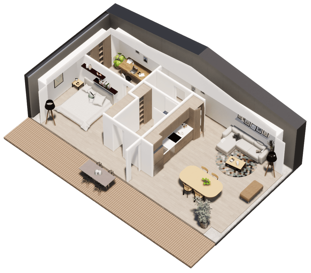 Karlev 800 SQFT isometric view, Interior volumes
